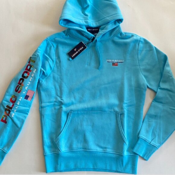 Polo Ralph Lauren Sport Madras Logo Print Fleece Hoodie Sweatshirt Turquoise